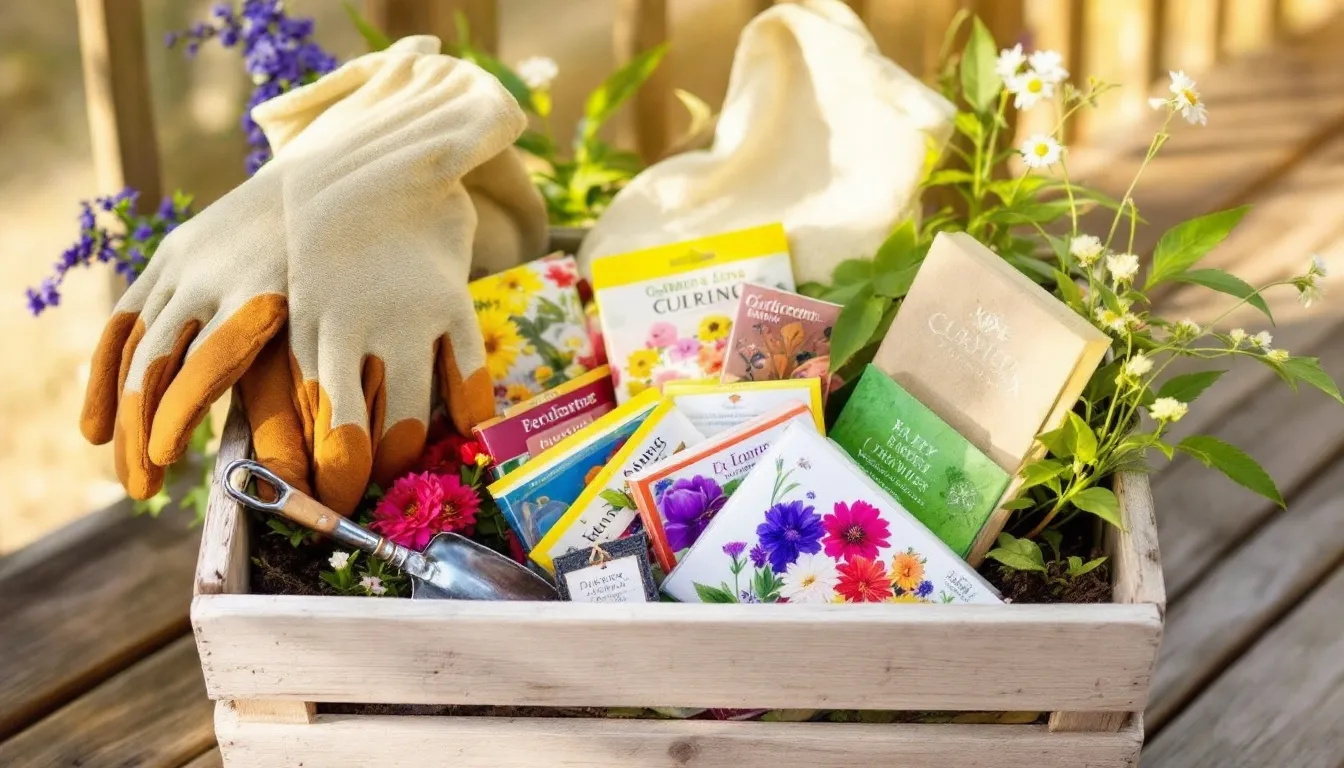 A rustic wooden crate serves as a charming container for a gardening-themed gift basket, filled with gardening gloves, seed packets, a mini shovel, and decorative flower tags, all arranged beautifully on a wooden deck under natural outdoor lighting. This stunning gift basket idea is perfect for gardening enthusiasts and showcases thoughtful items that cater to the recipient's interests.