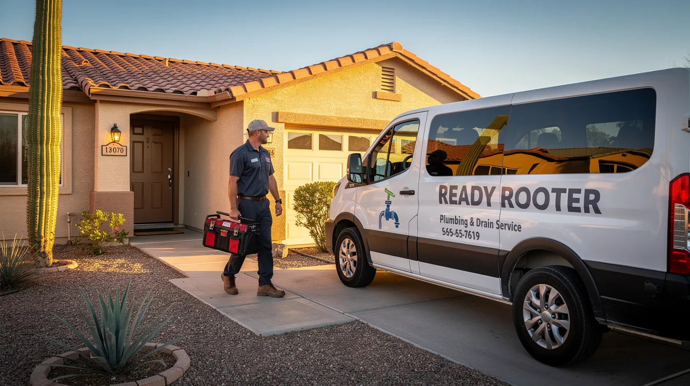 A Ready Rooter service van is parked in a suburban Phoenix driveway, while a professional plumber walks toward the front door carrying a tool bag, ready to address any plumbing issues. This scene reflects the company's commitment to quality plumbing services and excellent customer service for local residents.