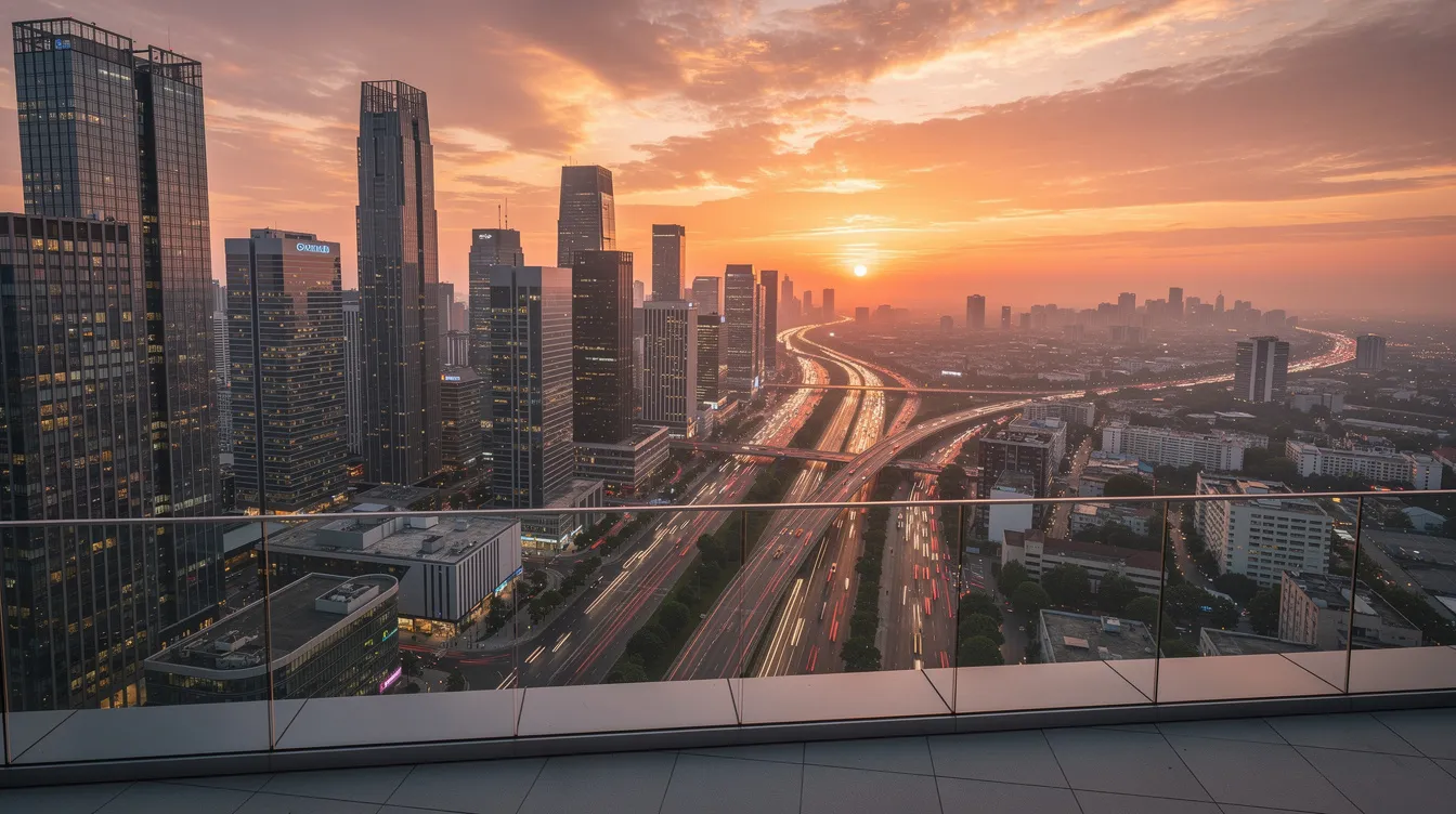The image captures a stunning panoramic view from a high observation deck, showcasing the modern Dubai skyline filled with tall glass skyscrapers and a busy highway below, all bathed in the warm hues of sunset. This breathtaking scene highlights the city's evolution, where old and new Dubai coexist harmoniously against the backdrop of iconic landmarks like the Burj Khalifa.