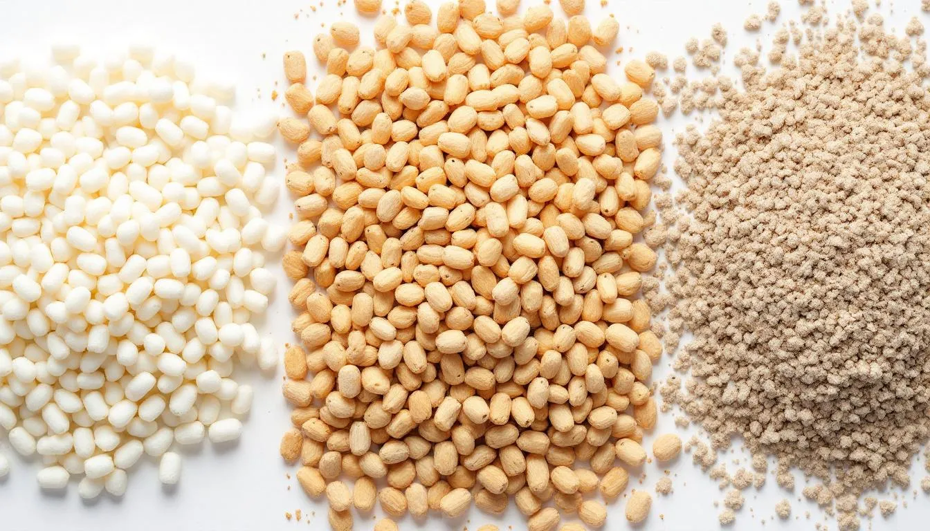 In the image, various types of dog litter are displayed, including paper pellets and wood pellets, highlighting their texture differences. The comparison emphasizes options for pet parents looking for effective and biodegradable dog litter for their dogs, whether they are small breeds, senior dogs, or puppies.