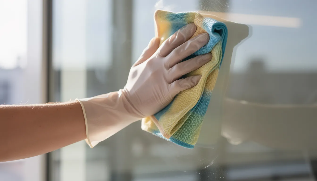 Asciugatura a fine pulizia di un vetro, con un panno in microfibra.