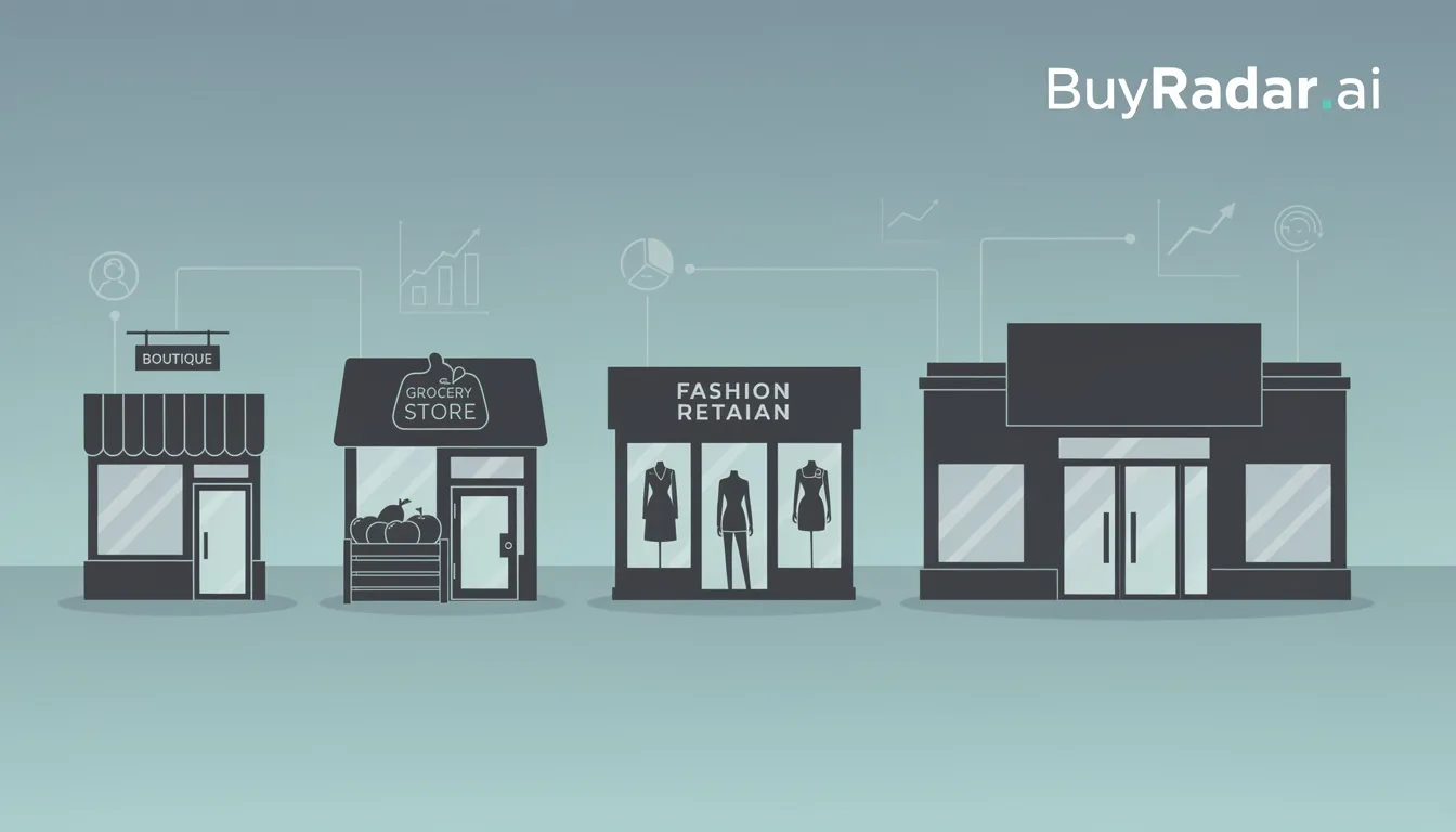 The image features silhouettes of various store types, symbolizing the diverse retailers utilizing BuyRadar.ai, an AI shopping assistant designed to enhance the online shopping experience through personalized recommendations and improved customer engagement. This visual representation highlights the integration of artificial intelligence in the shopping journey to boost customer satisfaction and loyalty.