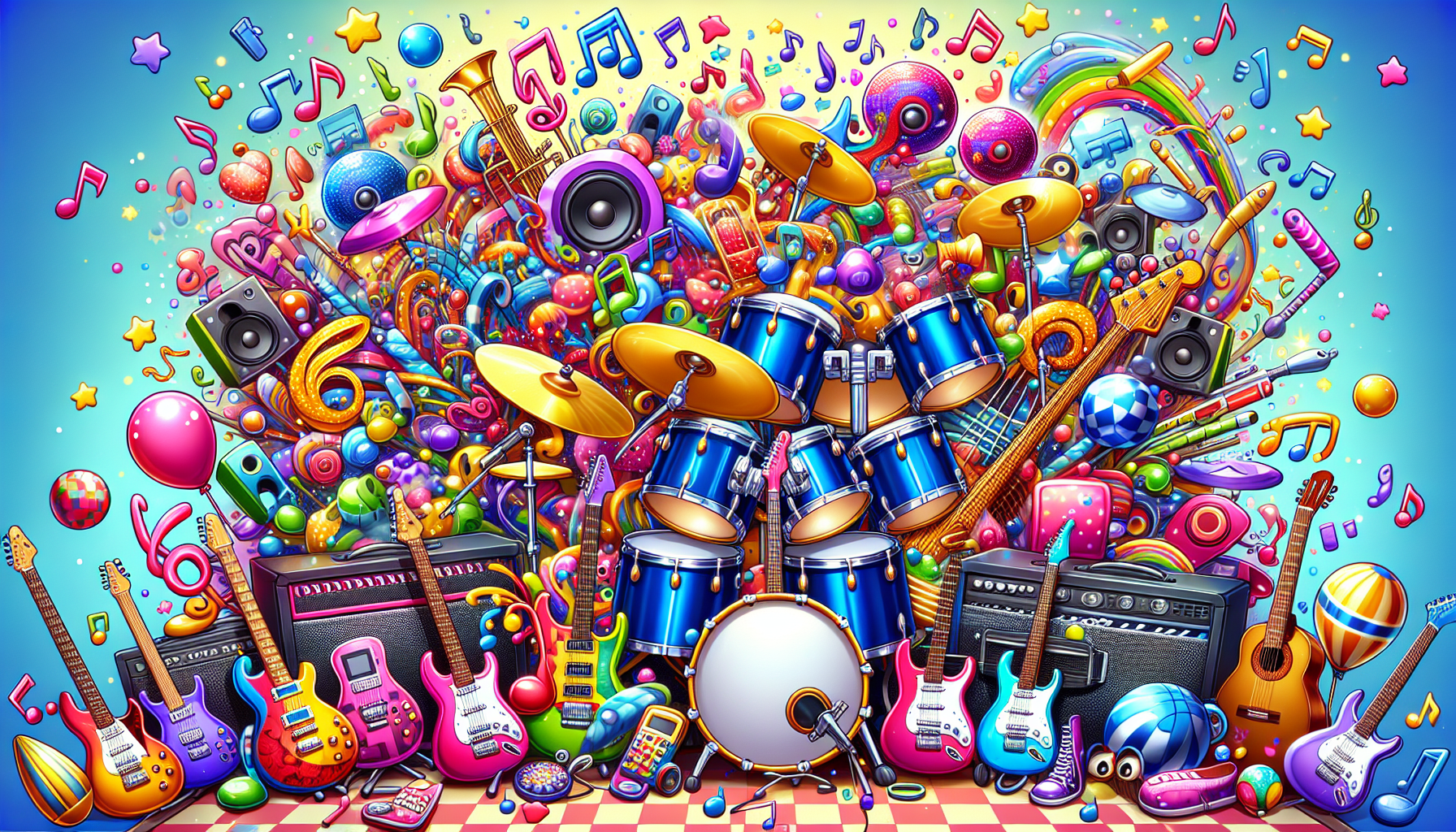 A vibrant illustration of various musical instruments like guitars and drum sets, symbolizing back to school savings.