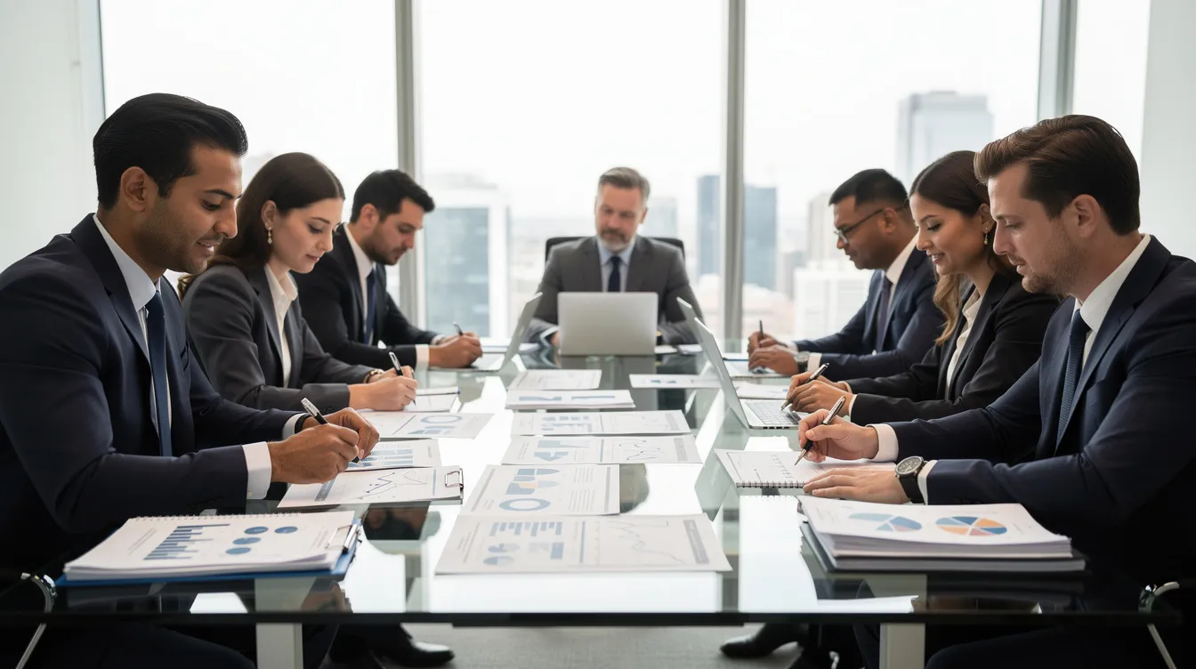 The image depicts professional consultants gathered around a conference table, meticulously reviewing financial documents related to a new hospital project. They are discussing aspects such as project feasibility, total project cost, and investment opportunities for a comprehensive cancer care setup, ensuring all necessary medical equipment and services are accounted for.