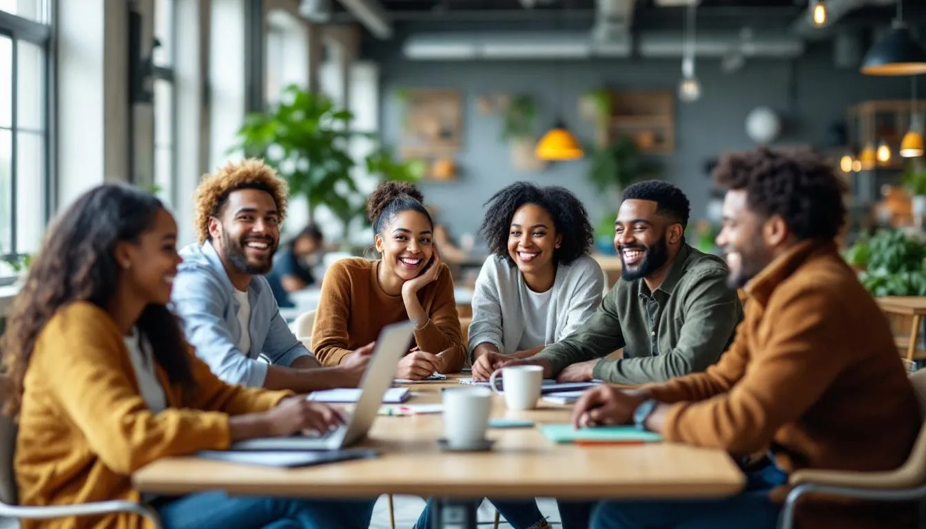 In der Abbildung sind Mitarbeitende zu sehen, die gemeinsam die Vorteile der Vier-Tage-Woche genießen, was zu einer besseren Work-Life-Balance führt. Die Gruppe scheint entspannt und zufrieden zu sein, während sie in einer modernen Arbeitsumgebung miteinander interagiert.