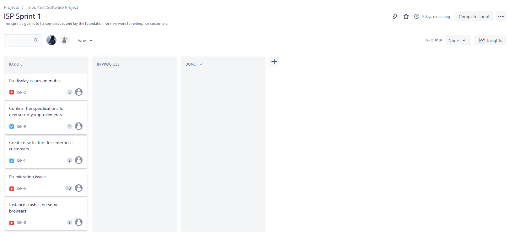 A screenshot of a new sprint in Jira.