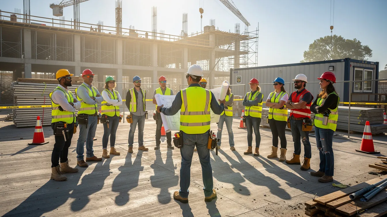 A construction foreman is leading a daily morning huddle with a group of crew members, all wearing hard hats, at a commercial building site. This scene highlights the importance of employee engagement and safety culture within the construction industry, as skilled construction workers gather to discuss project timelines and safety procedures.