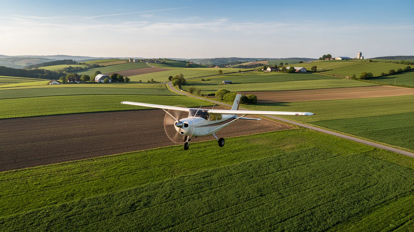 A small airplane soars gracefully over lush green farmland and rolling hills under a clear blue sky, symbolizing the journey of becoming a private pilot. This picturesque scene highlights the freedom and adventure associated with flight training and earning a private pilot license.
