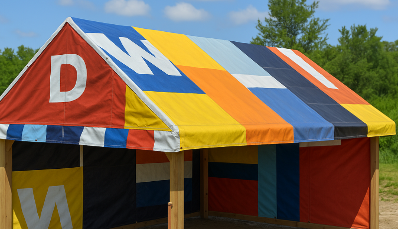 A tent from recycled billboard wrap to maintain friendly environment and good use of money