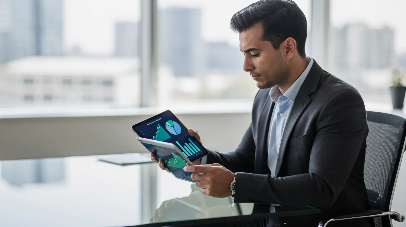 A business professional is attentively reviewing financial charts displayed on a tablet device, which likely contains linked Excel data for a comprehensive analysis. The scene suggests a focus on managing and updating data, possibly for a PowerPoint presentation.