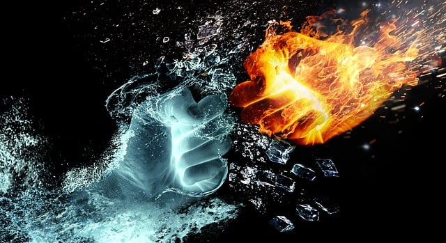 A graphical image of a water and fire fist fight symbolizing how to stop a burning throat. 
