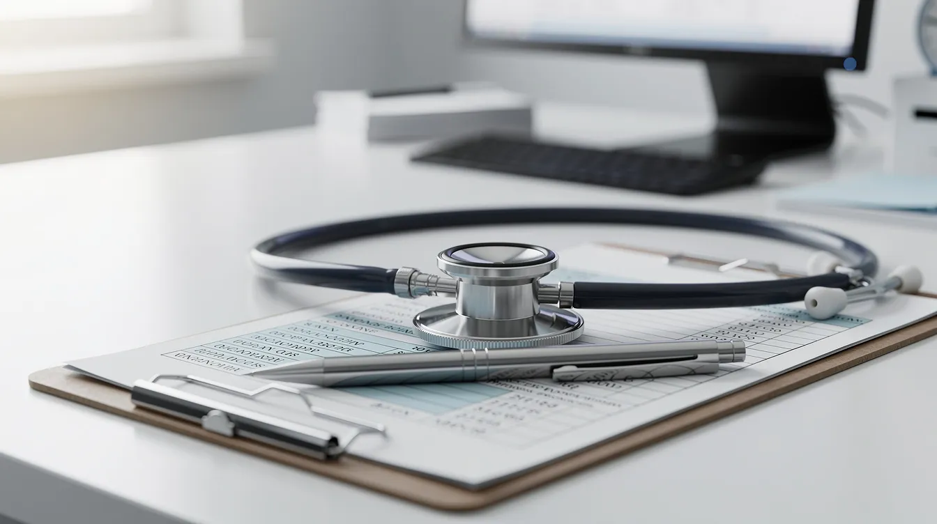 The image shows a stethoscope resting on a medical chart, placed on a doctor's desk, symbolizing the healthcare coverage and services related to social security disability benefits. This scene reflects the importance of medical records in the application process for disability claims and the assessment of various medical conditions.
