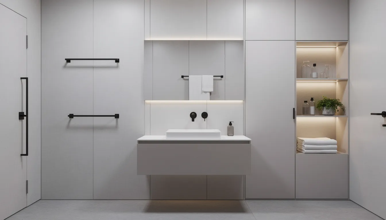 The image showcases an elegant bathroom renovation featuring sleek matte black fixtures paired with light gray wall panels, which include built-in shelving for added storage. This stylish design creates a modern aesthetic, perfect for a new shower or tub, enhancing both functionality and visual appeal.