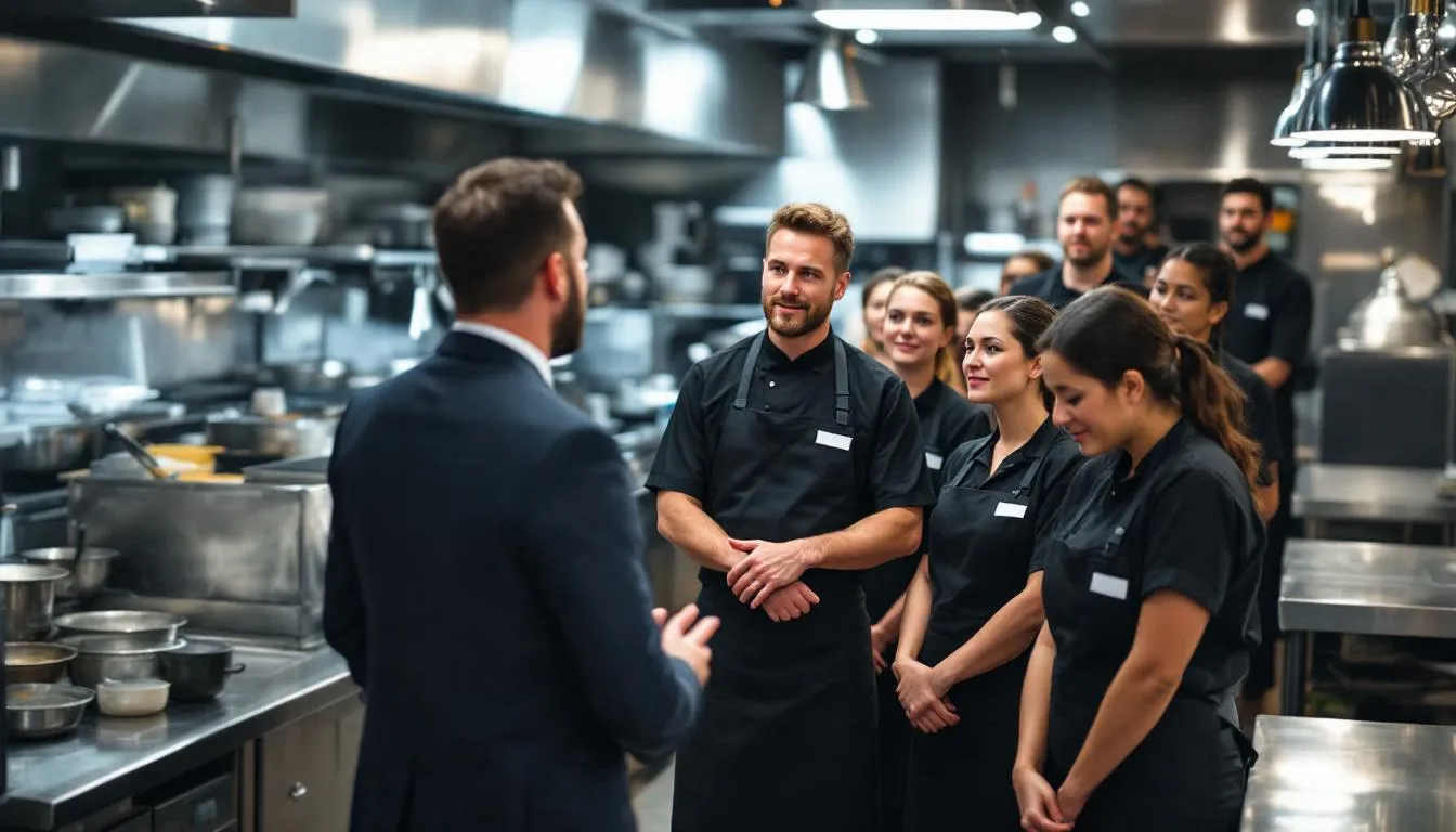 In the image, a restaurant frontline team is engaged in a discussion with their manager, focusing on team dynamics and operational excellence. This interaction highlights their commitment to leadership development and effective communication, essential for addressing workplace challenges and enhancing team performance.