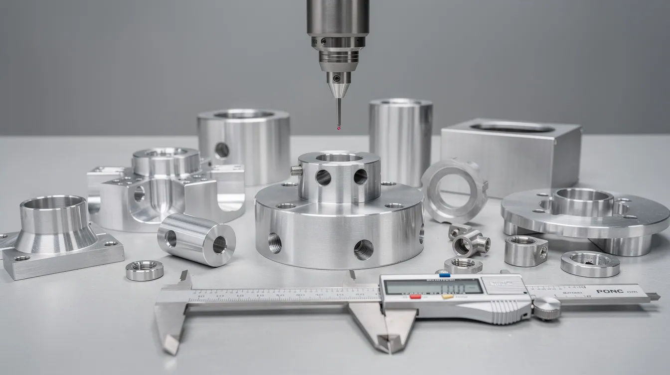 The image features precision CNC machined aluminum parts neatly arranged on an inspection table, accompanied by calipers and a coordinate measuring machine probe, highlighting the importance of machining accuracy in the CNC operations. The setup emphasizes the critical components used in the machining process for ensuring high-quality cuts and consistent performance.