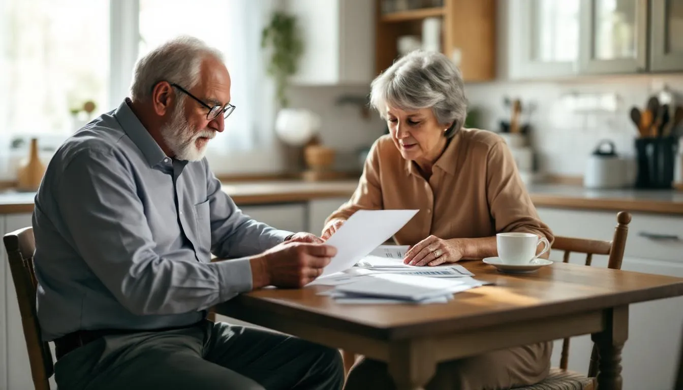 An elderly couple sits at their kitchen table, reviewing financial documents related to their pension plans and life insurance policies. They appear focused on discussing strategies for maximizing their retirement income and ensuring financial security for their surviving spouse.