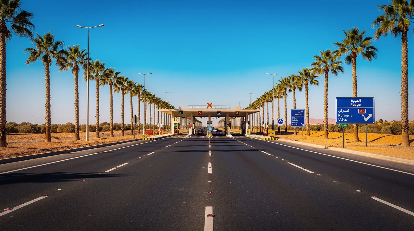 Een moderne Marokkaanse tolweg met palmbomen langs de kant en een helderblauwe lucht, perfect voor een onvergetelijke reis door Marokko. Deze snelwegen bieden de ultieme vrijheid om de grote steden en oude koningssteden te verkennen met een huurauto.