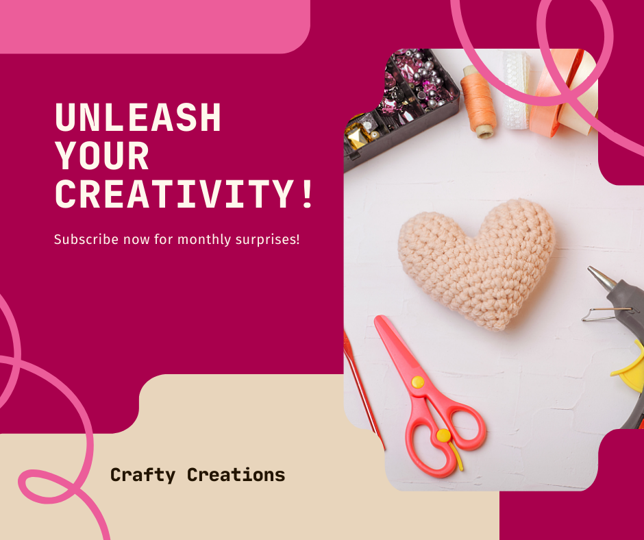 "Various themed craft boxes stacked and opened, displaying diverse project kits in vibrant, feminine colors."