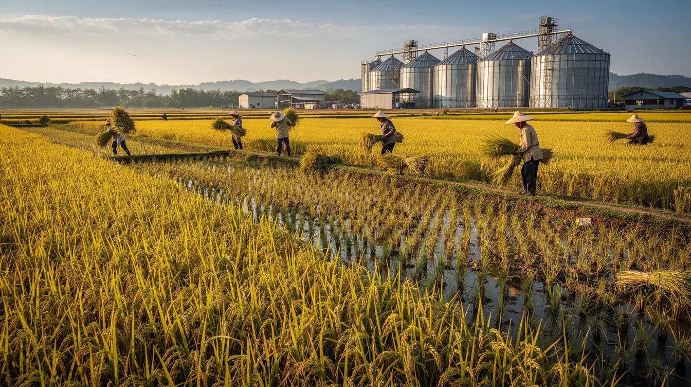 fae59437 c80c 4032 b980 4dc49d5d4a1d The image depicts golden paddy fields during harvest season, with workers actively gathering the crop, while grain storage silos stand prominently in the background. This scene highlights the rice cultivation process, showcasing the importance of rice processing and the agricultural efforts that contribute to the rice sector's growth.