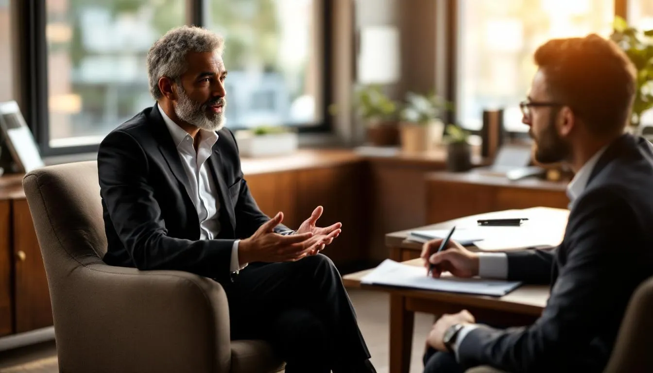 A small business owner is seated across from a lender, discussing various business loan options, including types of loans such as SBA loans and short-term loans. The atmosphere is professional, indicating a serious conversation about financing options and loan amounts to support the business's growth.