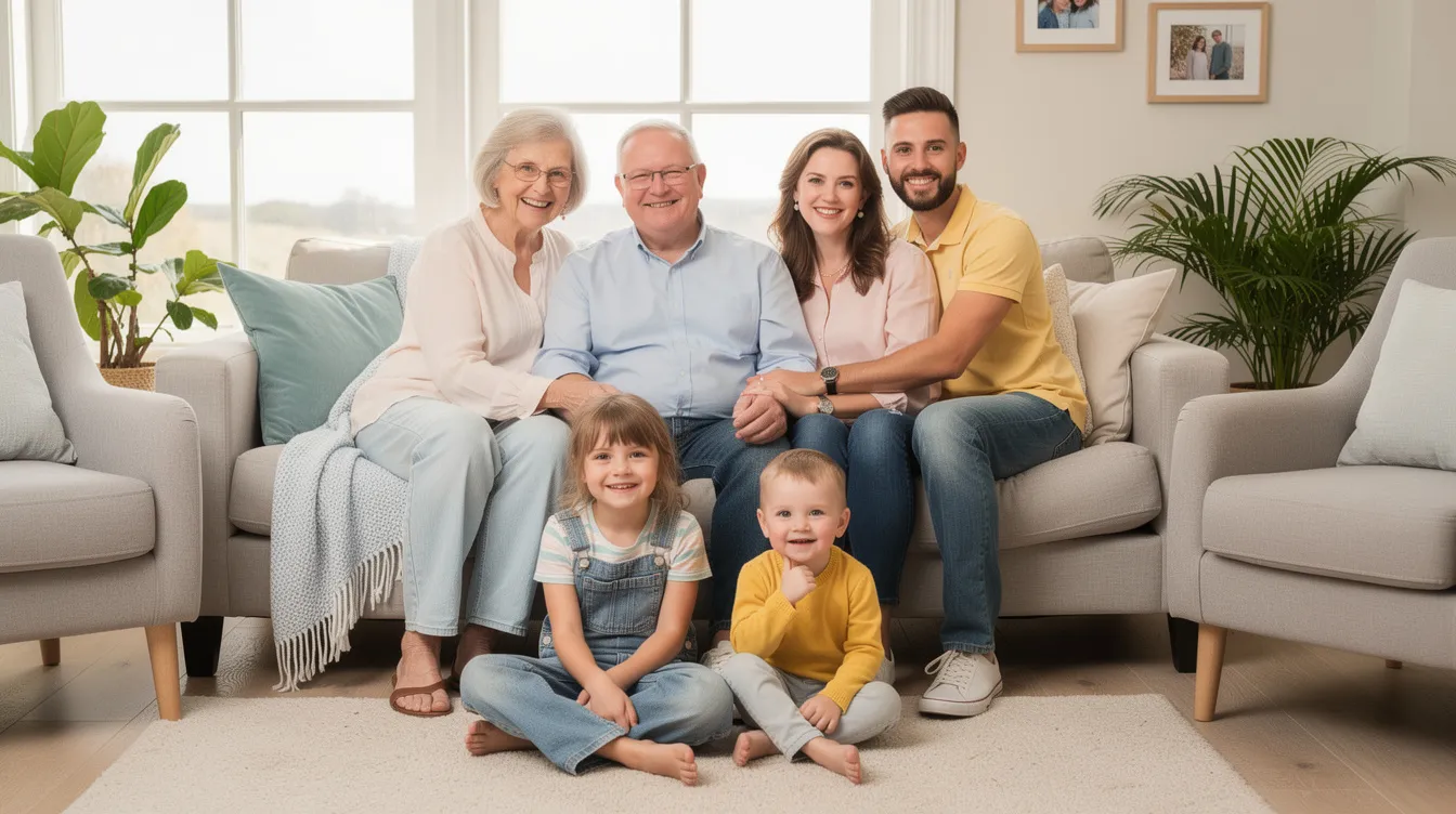 A joyful multigenerational family is gathered in a bright living room, smiling and enjoying each other's company. The scene captures the warmth of family connections, highlighting the importance of supporting loved ones, whether through shared moments or sending money to Nigeria from the UK.