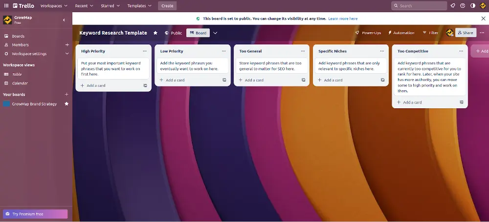 Free Keyword Research Trello Board Template