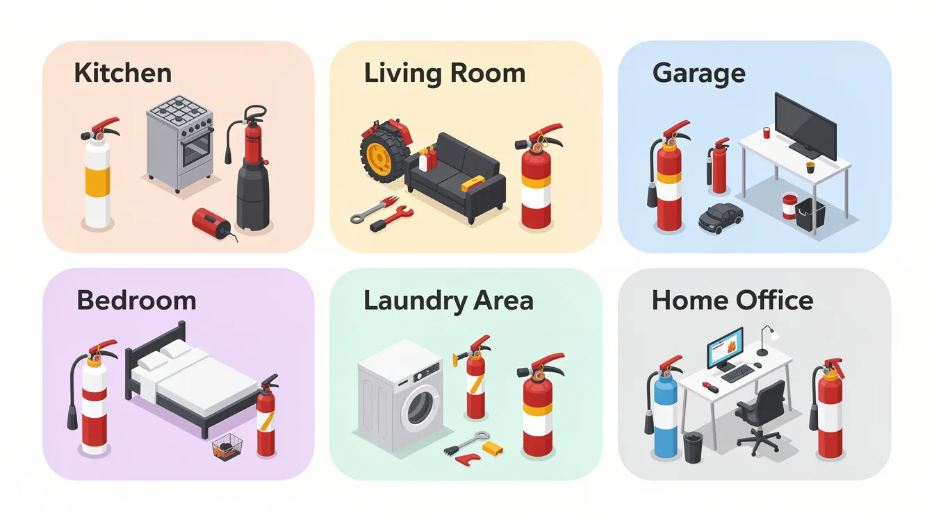 Specific fire extinguishers recommended for different areas of the home, such as kitchen and garage.