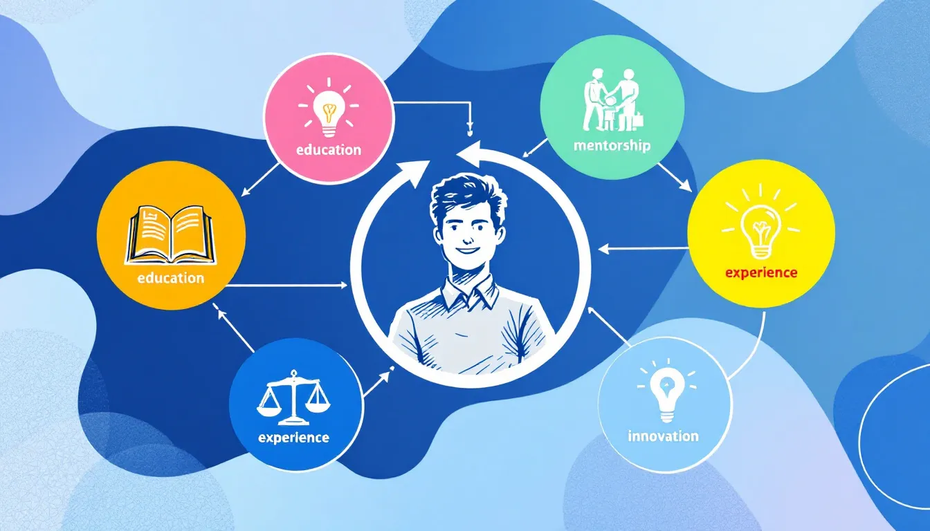 A visual representation of developing business acumen through various methods like education and mentorship.