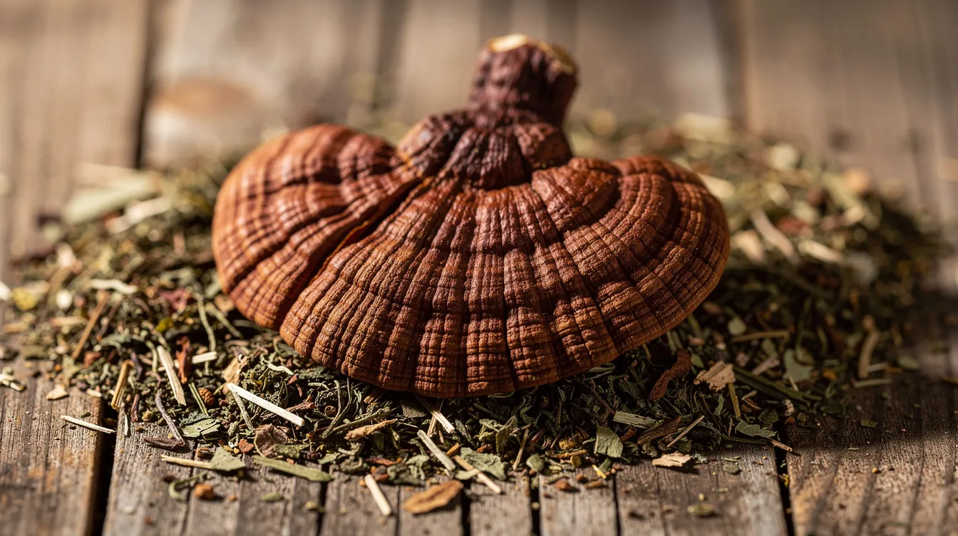 A dried reishi mushroom, known for its potential to improve sleep, is placed on a rustic wooden surface, surrounded by loose herbal tea leaves. The natural setting highlights the earthy tones and textures of the mushroom and tea, evoking a sense of tranquility.