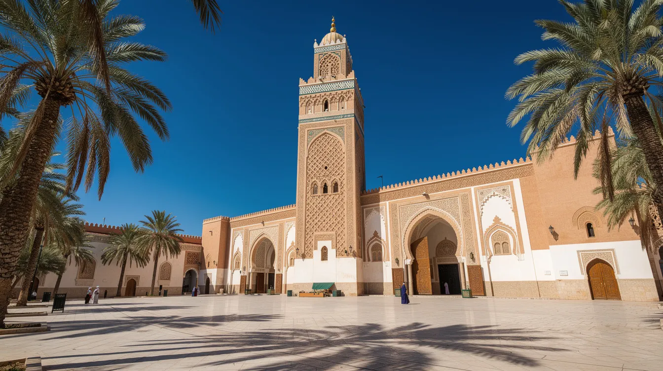 The image depicts a majestic Moroccan mosque featuring an intricately designed minaret set against a vibrant blue sky, with lush palm trees surrounding the structure. This scene reflects Morocco's strong religious beliefs, as Islam is the main religion in this sovereign Muslim state, where religious practice plays a significant role in daily life.