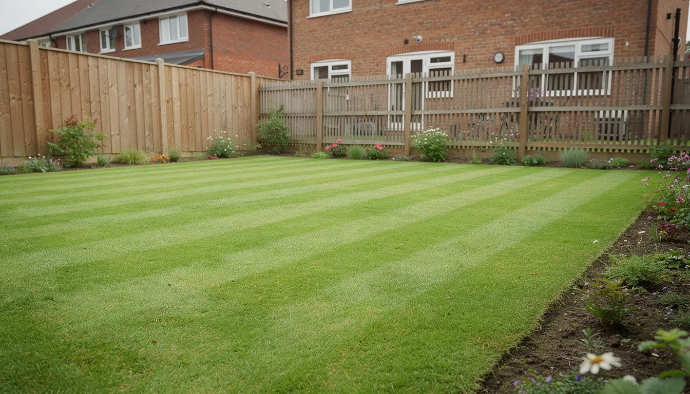 The image depicts a beautiful striped lawn in a typical UK suburban garden, featuring lush green grass with neat edges and a well-maintained appearance. This perfect lawn showcases the results of diligent lawn care, including regular mowing and proper lawn feed, creating an inviting natural environment.