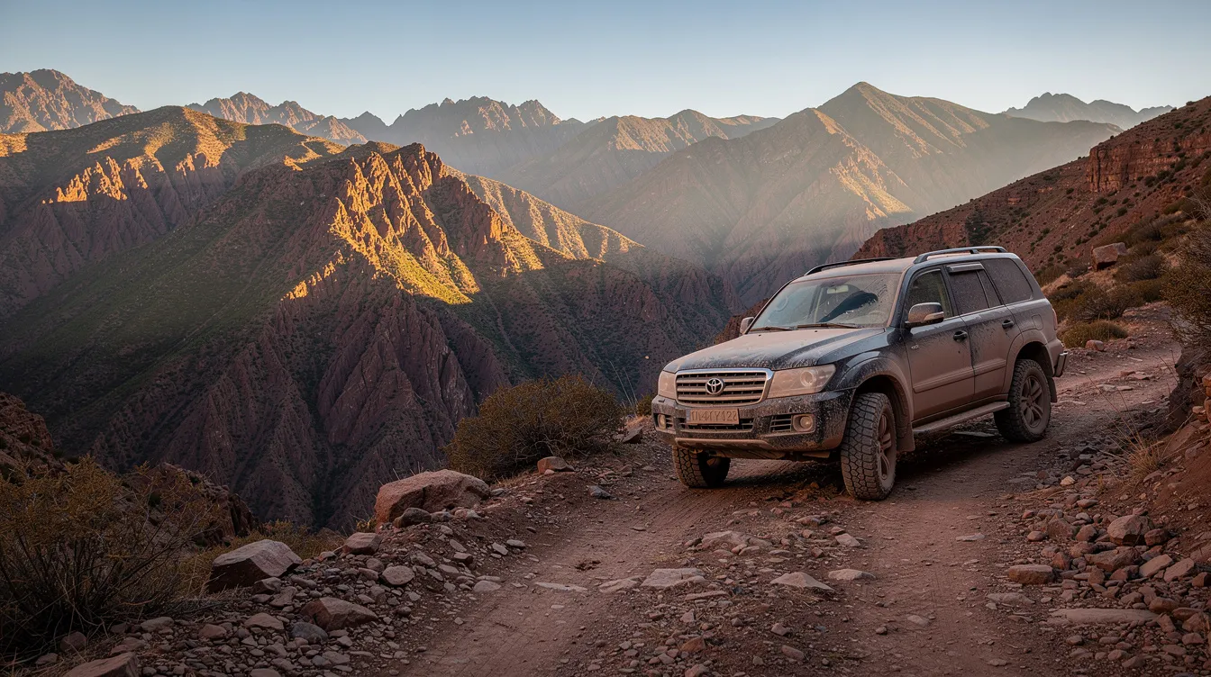 An SUV parked on a mountain track with the Atlas peaks behind it.