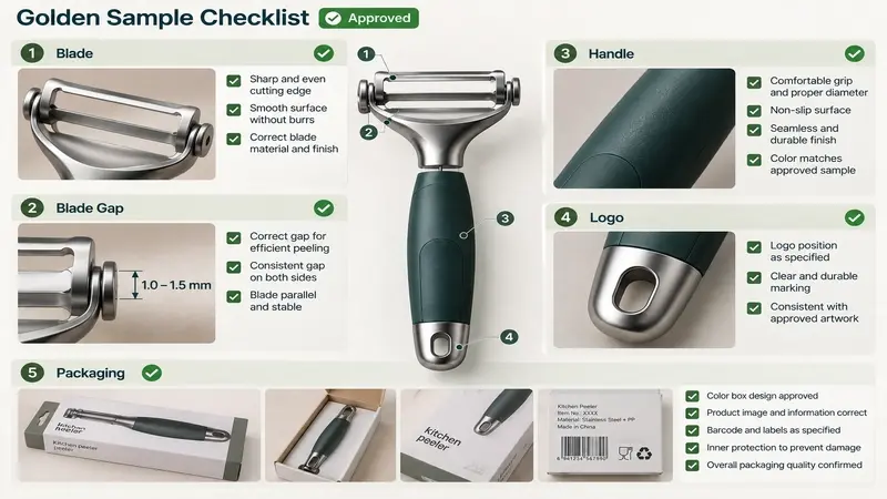 Annotated golden-sample checklist showing blade, gap, handle, logo, and packaging approval points.