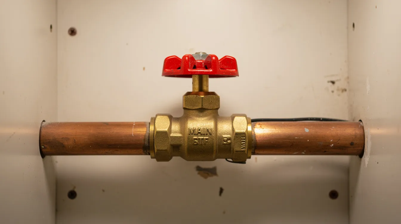 A close-up view of a brass main water shut-off valve featuring a red handle, securely mounted on a copper pipe within a utility closet. This essential plumbing fixture is crucial for Bellevue homeowners to manage plumbing emergencies and prevent issues such as burst pipes or flooding.