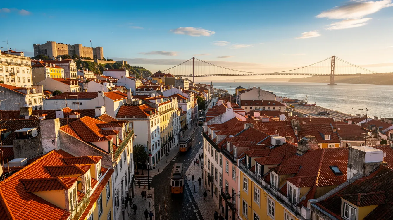 A imagem retrata uma vista panorâmica de Lisboa, capital de Portugal, com destaque para o rio Tejo e o icônico Mosteiro dos Jerónimos. É possível ver as colinas da cidade e algumas ruas históricas, refletindo a rica gastronomia e cultura, como o famoso pastel de nata.
