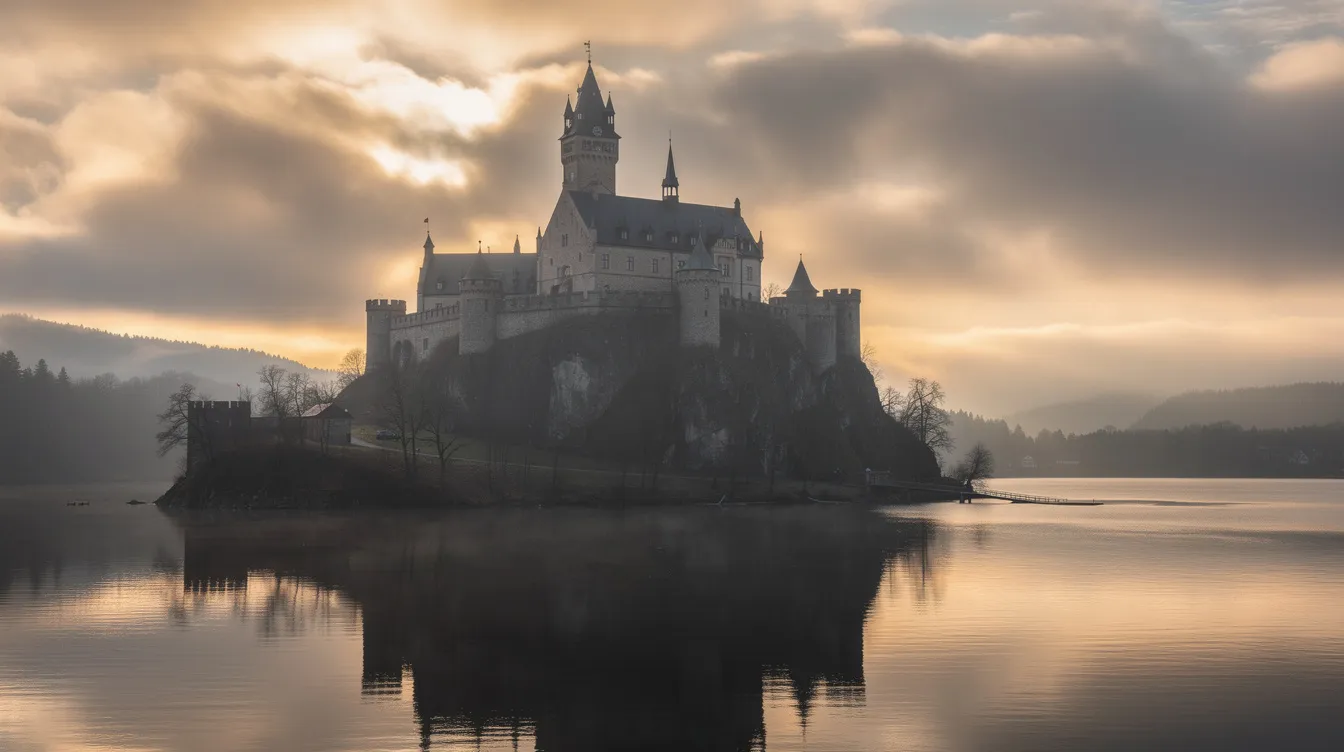 Die Panoramaaufnahme zeigt eine majestätische Burg, die auf einem Felsen thront, während das goldene Licht des Morgens durch die Wolken über den Türmen und Zinnen bricht. Ein ruhiger See spiegelt die beeindruckende Silhouette der Burg wider und vermittelt ein Gefühl von Magie und Abenteuer, ähnlich der Welt von Harry Potter.
