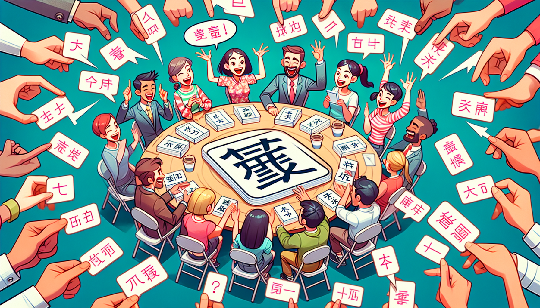 Cartoon of a diverse group of people engaging in a language learning community