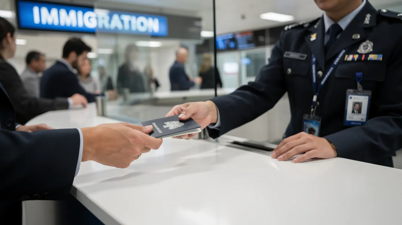 The image shows a person handing their Irish passport to an immigration officer at an airport immigration desk, indicating the process of verifying immigration status for entry into Ireland. This scene reflects the essential steps involved in the visa application process for family reunification or joining an Irish citizen spouse.