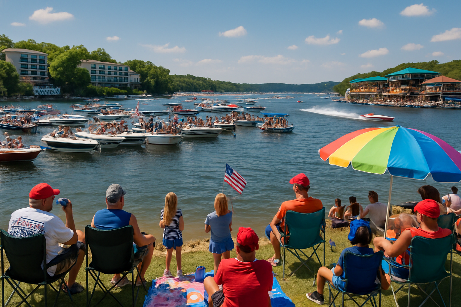All sizes of boats anchored down and tied up watching for viewing areas as powerboats race past with bars and houses on the coastline at the Lake of the Ozarks.