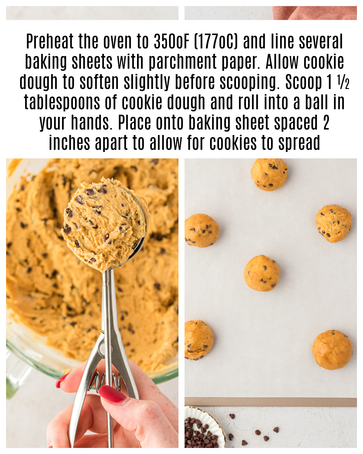 pumpkin cookie dough balls being scooped with a cookie scoop and placed onto cookie sheet