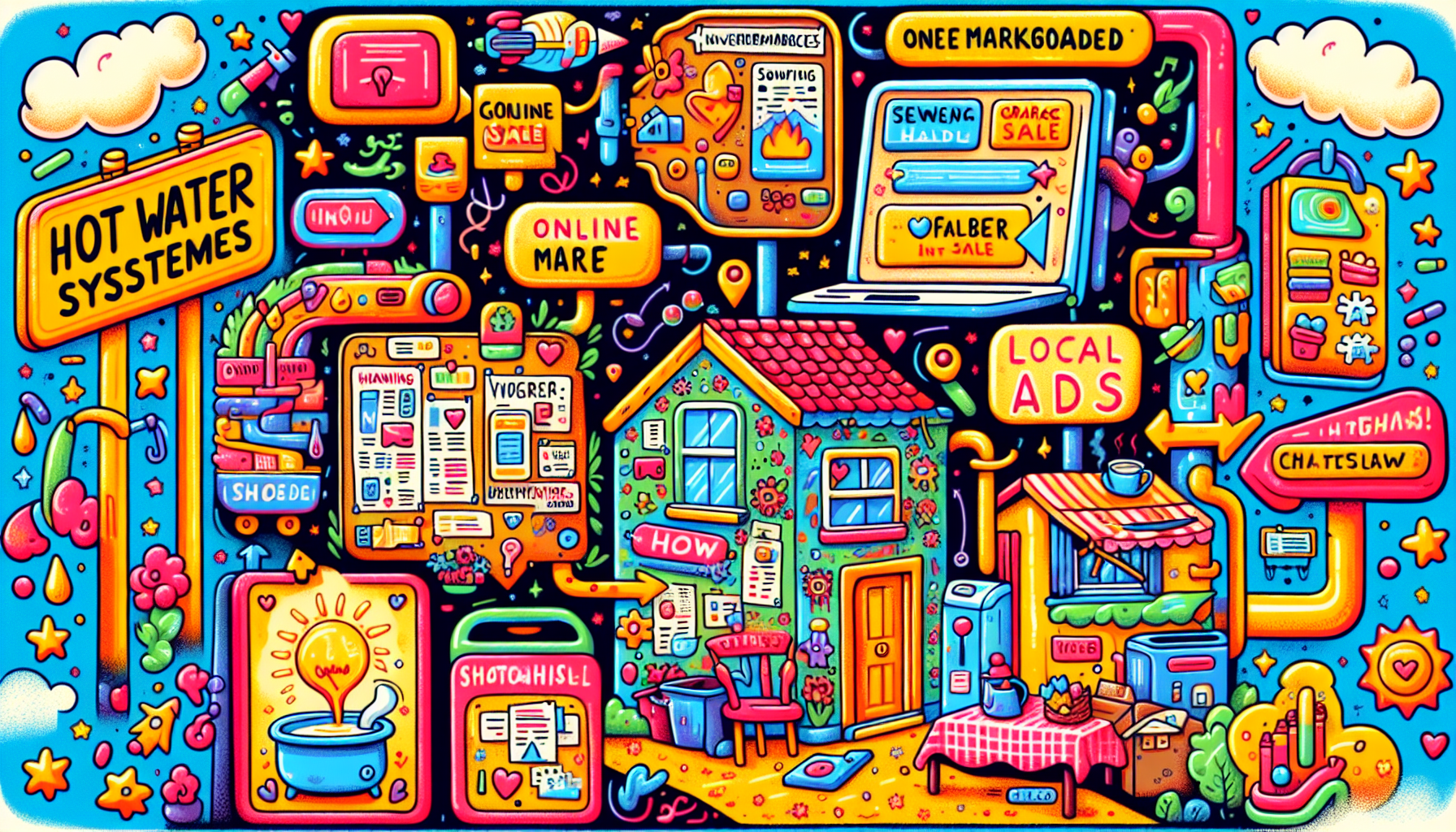 An illustration depicting various places to find second hand hot water systems.