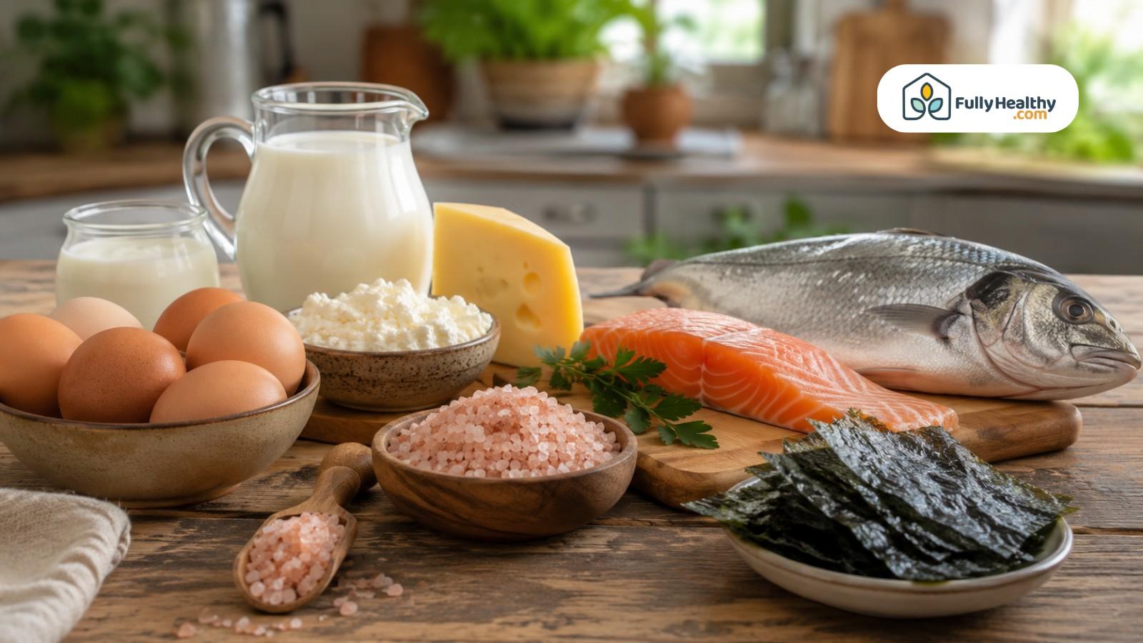 Pink salt displayed with eggs, dairy, salmon, fish, and seaweed