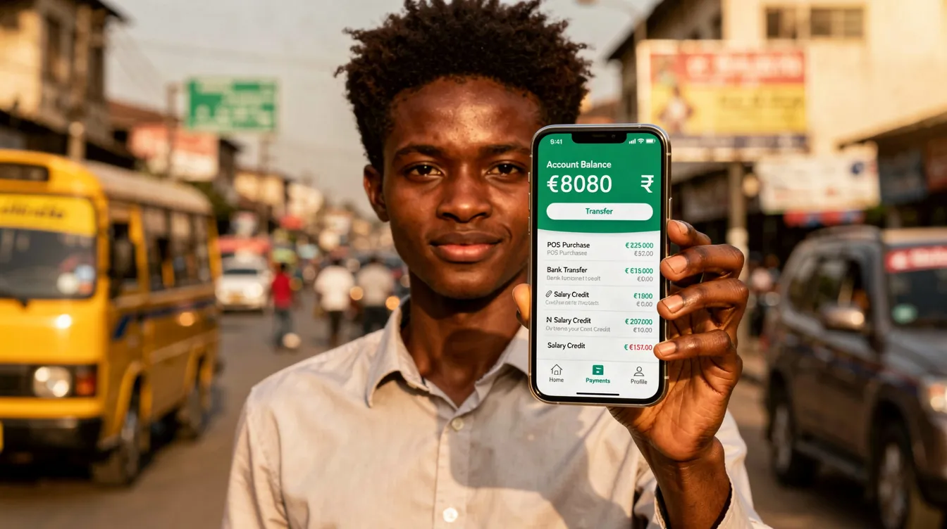 A person is holding a smartphone displaying a mobile banking dashboard in Nigeria, featuring options to pay bills, transfer funds, and check account balance. The interface indicates the user's opay account status and highlights security features like facial verification for fast transactions.