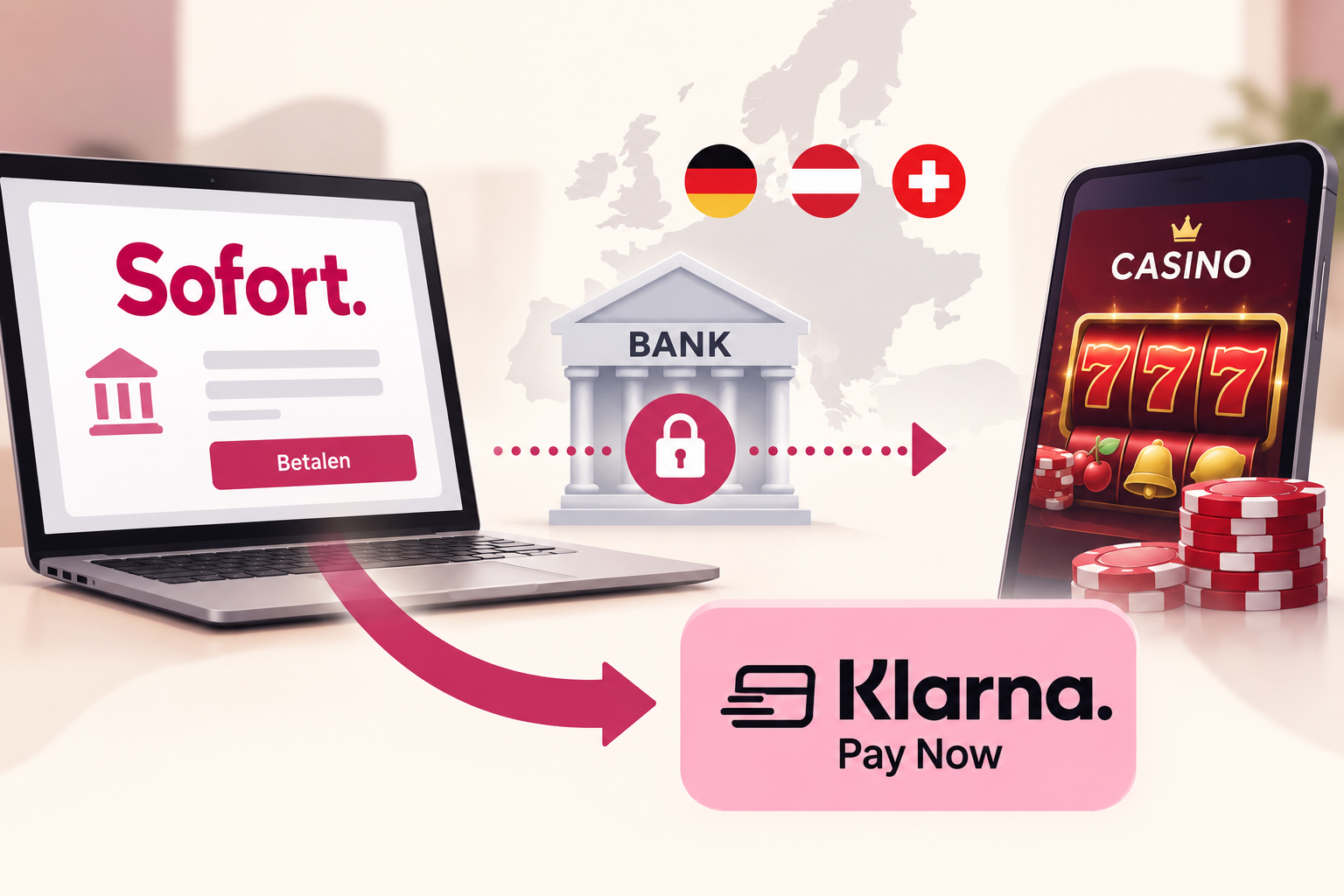 Illustratie van een betaling via Klarna Pay Now tussen een bankrekening och een online casino.