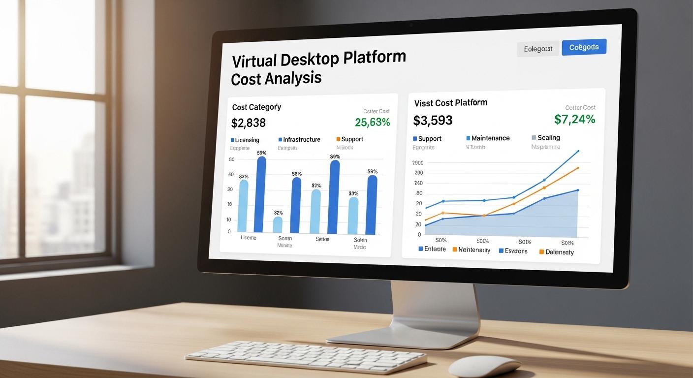 Side-by-side cost comparison dashboard showing licensing, infrastructure, support, maintenance, and scaling expenses for virtual desktop platforms
