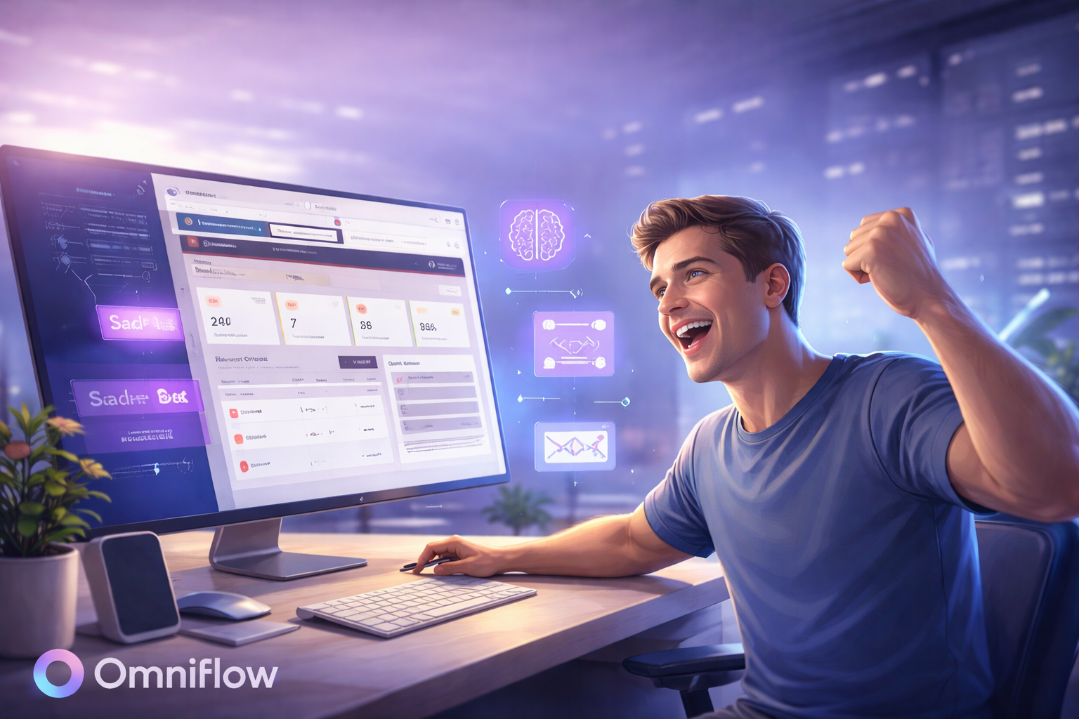 Image showing a young Saas vendor manages his product from idea to deployment. Omniflow can be used for customer relationship management and building SaaS applications from scratch, even when you're a solo founder. 