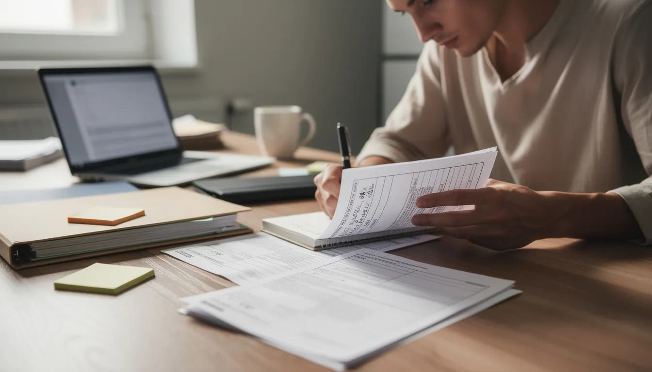 A person is sitting at a desk, diligently writing notes and filling out paperwork, likely related to a workers compensation claim. The scene suggests a focus on managing medical expenses and documenting necessary medical treatment for injured workers.