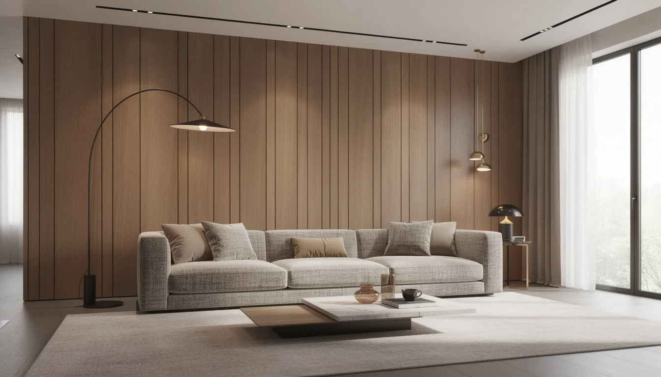 Een luxe woonkamer met houten wandpanelen achter een grote designbank, verlicht door moderne led verlichting. De ruimte straalt een rustgevende sfeer uit en biedt akoestische voordelen door de toepassing van decoratieve wandpanelen.