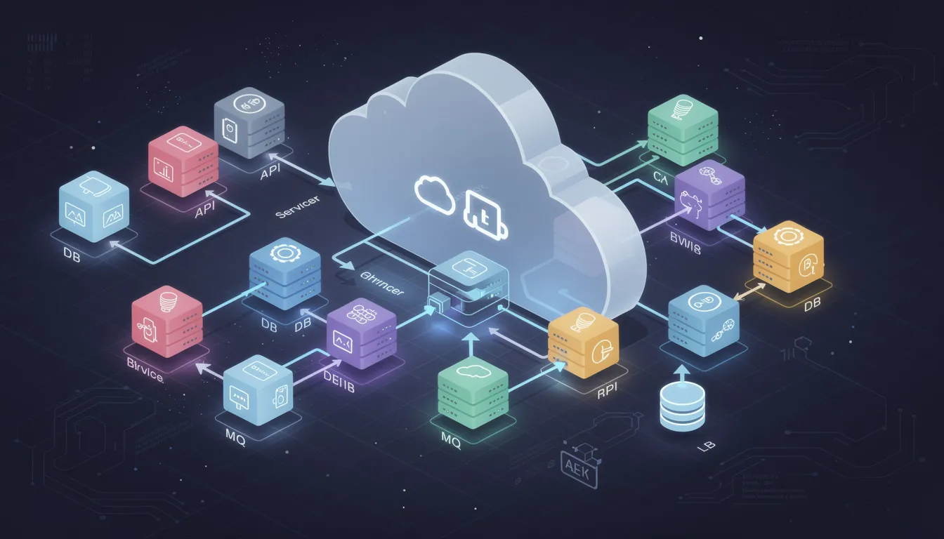 7 Benefits Of API-First Architecture In Cloud-Native Development 1 The image depicts a cloud infrastructure with interconnected microservices, illustrating how they communicate through a network, emphasizing an API first approach in the software development process. This visual representation highlights the importance of effective API design and governance in ensuring seamless interaction between various components.