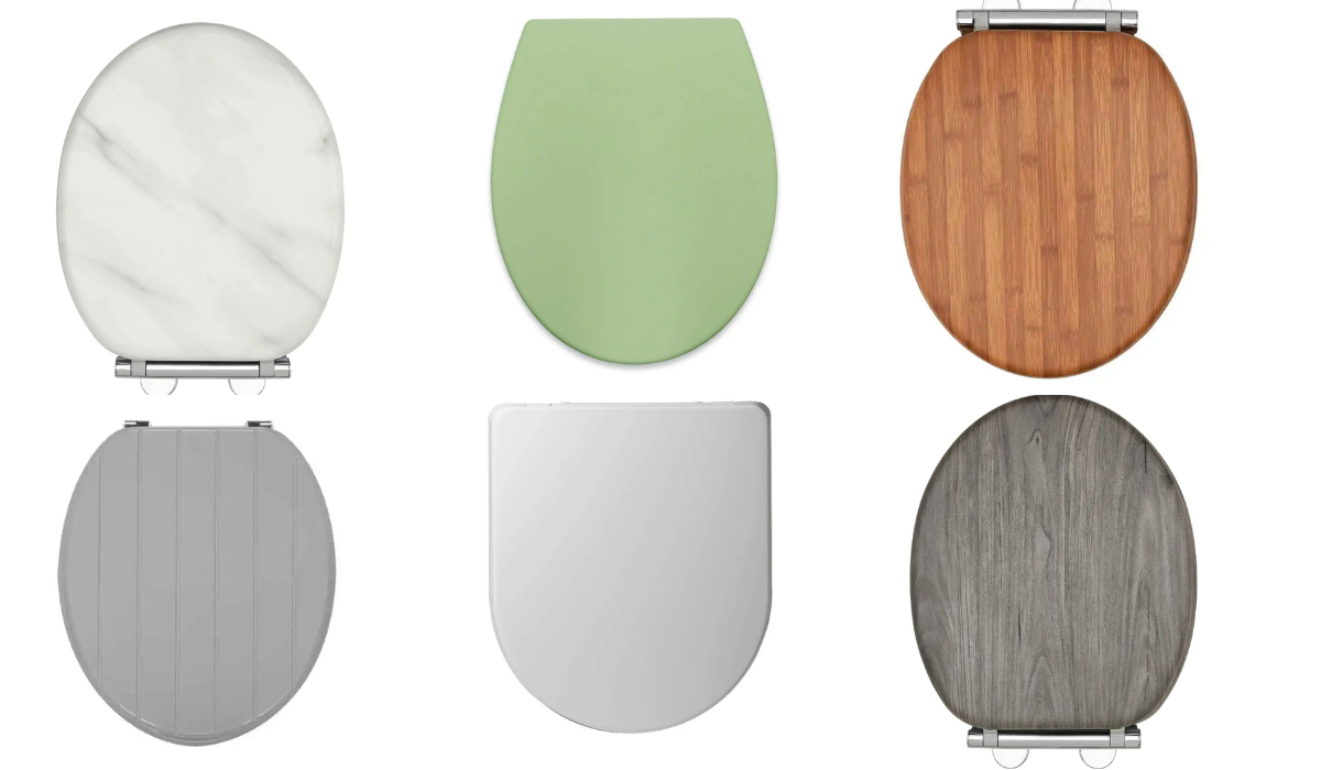 A range fo six toilet seats including marble and wood - in round and square shape